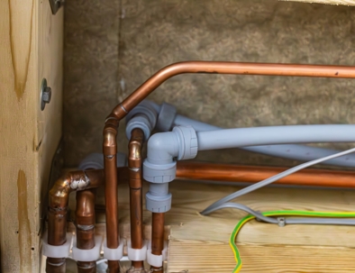 Copper pipes with connections for hot and cold water in domestic house